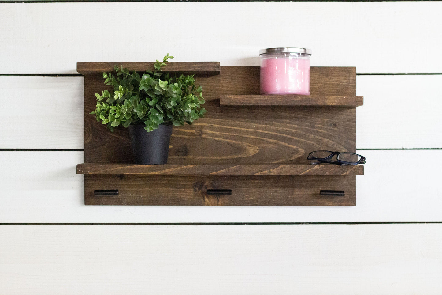 Wall Mounted Shelf with Deep Shelves and Bar Hooks