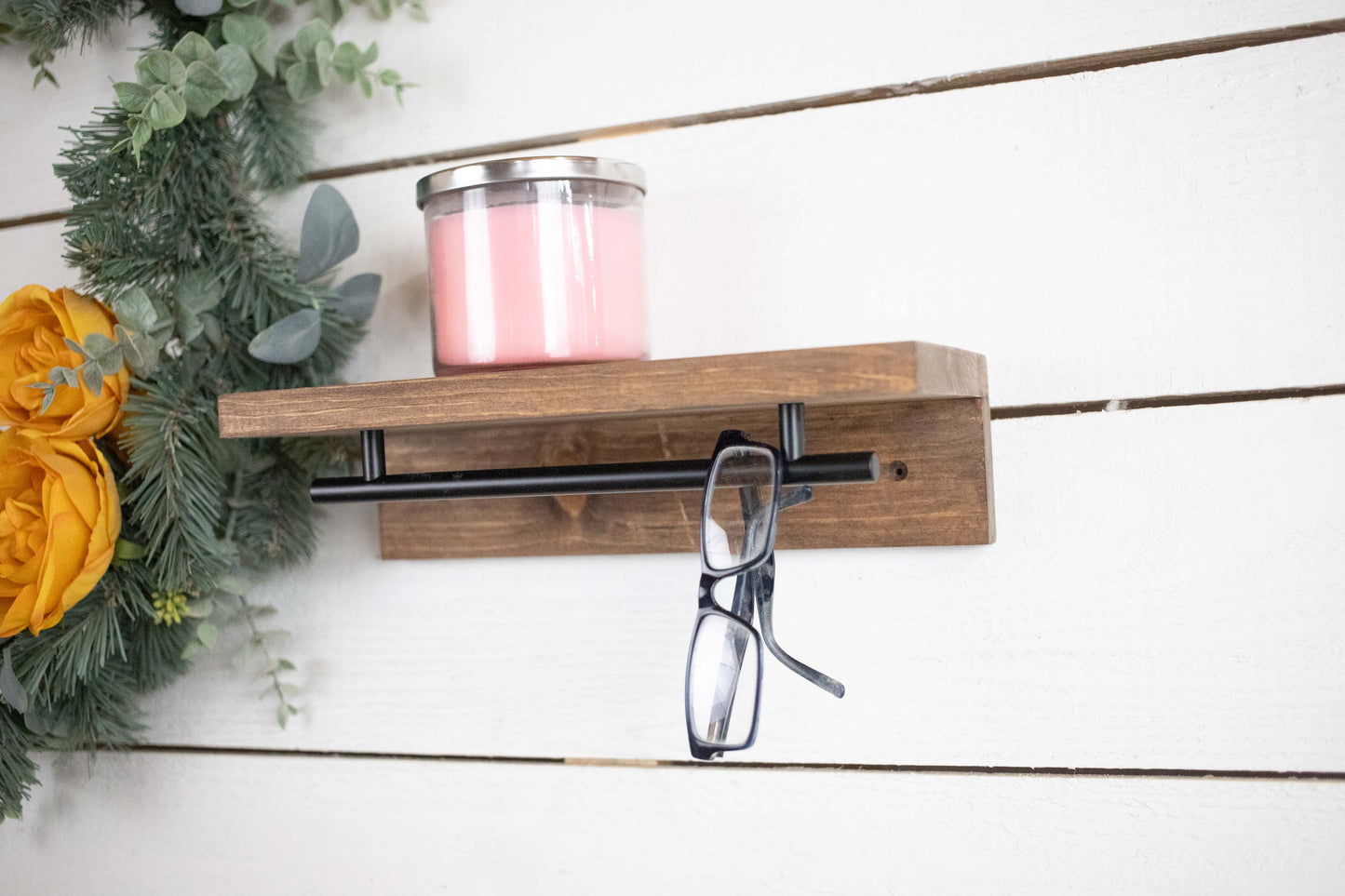 Floating Solid Wood Shelf with Metal Rail, Easy Install Minimalist Shelf with Towel Bar
